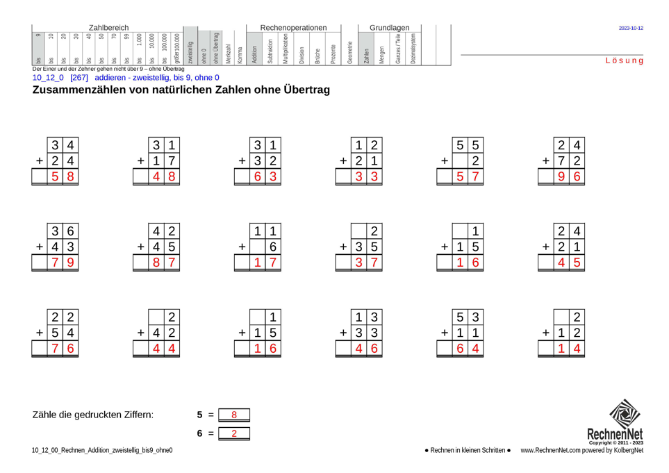 Lösung: 10_12_0 Rechnen Addition zweistellig bis 9 ohne0