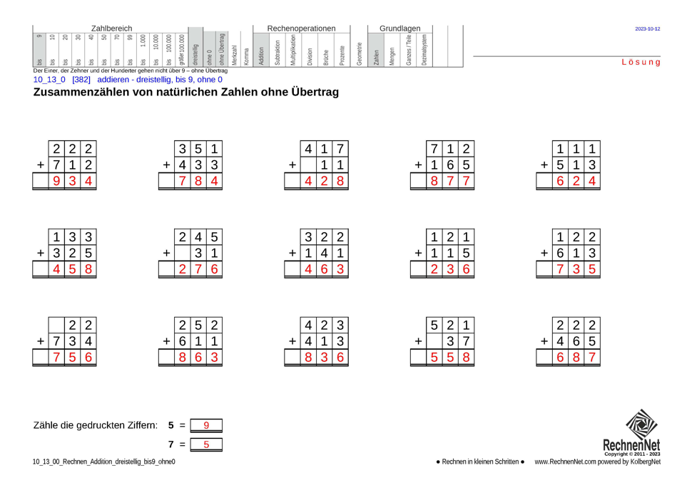 Lösung: 10_13_0 Rechnen Addition dreistellig bis 9 ohne0