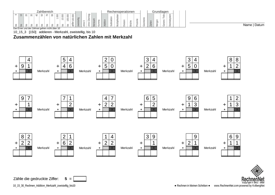 10_15_3 Rechnen Addition Merkzahl zweistellig bis10