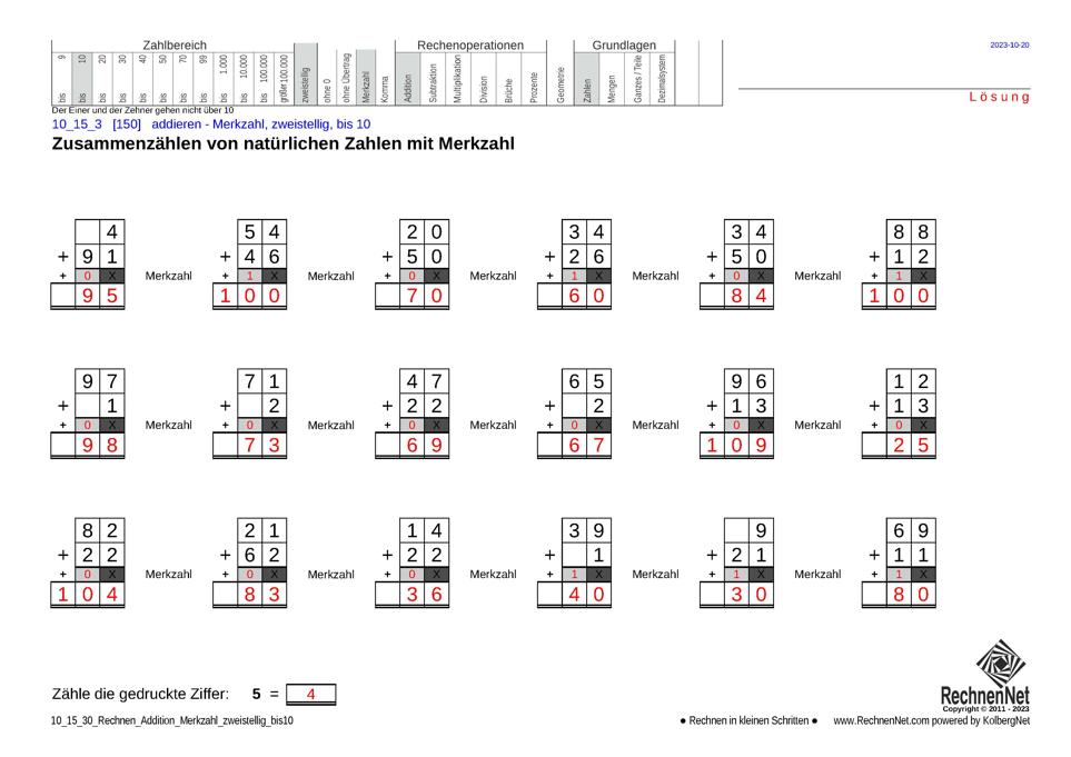 Lösung: 10_15_3 Rechnen Addition Merkzahl zweistellig bis10