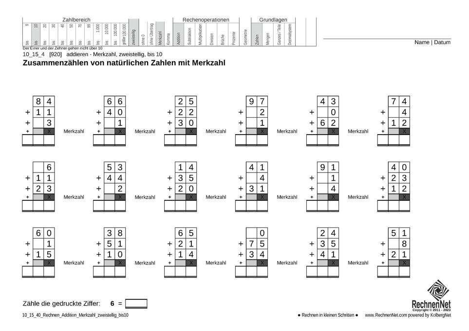 10_15_4 Rechnen Addition Merkzahl zweistellig bis10 10_15_4 Rechnen Addition Merkzahl zweistellig bis10