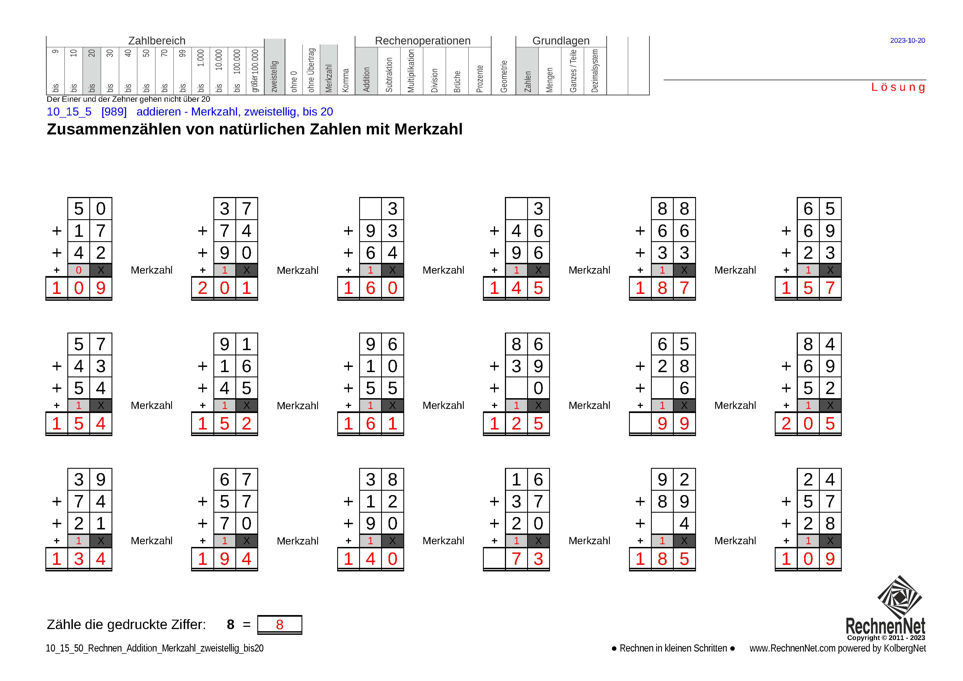 Lösung: 10_15_5 Rechnen Addition Merkzahl zweistellig bis20 Lösung: 10_15_5 Rechnen Addition Merkzahl zweistellig bis20