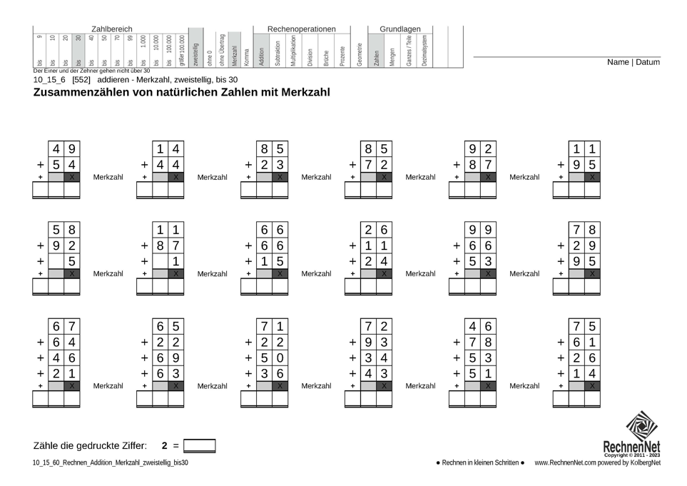 10_15_6 Rechnen Addition Merkzahl zweistellig bis30 10_15_6 Rechnen Addition Merkzahl zweistellig bis30