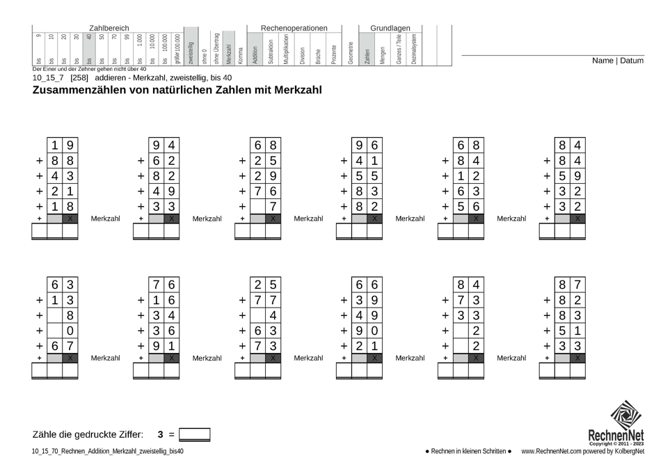 10_15_7 Rechnen Addition Merkzahl zweistellig bis40 10_15_7 Rechnen Addition Merkzahl zweistellig bis40