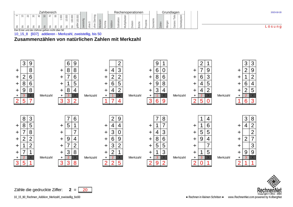 Lösung: 10_15_8 Rechnen Addition Merkzahl zweistellig bis50 Lösung: 10_15_8 Rechnen Addition Merkzahl zweistellig bis50