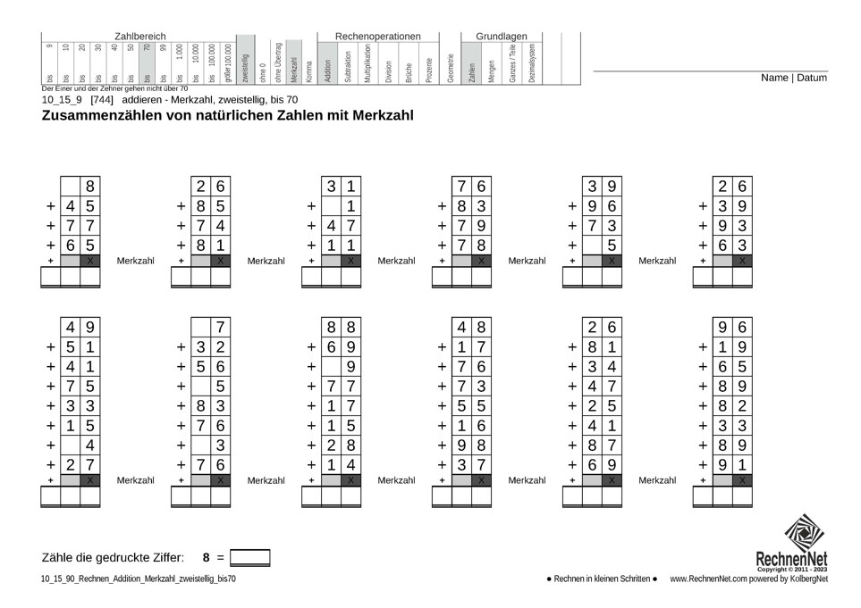 10_15_9 Rechnen Addition Merkzahl zweistellig bis70 10_15_9 Rechnen Addition Merkzahl zweistellig bis70