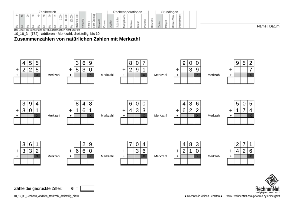 10_16_3 Rechnen Addition Merkzahl dreistellig bis10