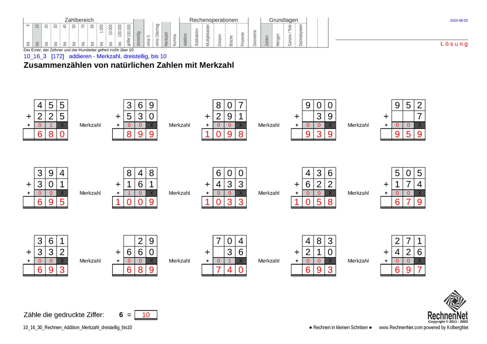 Lösung: 10_16_3 Rechnen Addition Merkzahl dreistellig bis10