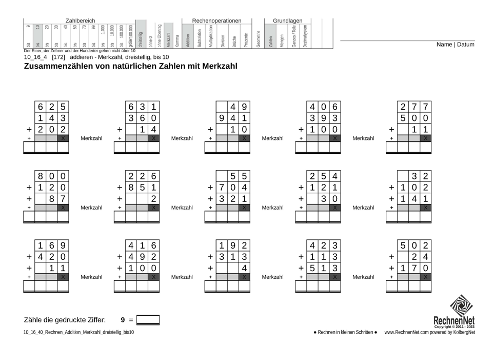 10_16_4 Rechnen Addition Merkzahl dreistellig bis10