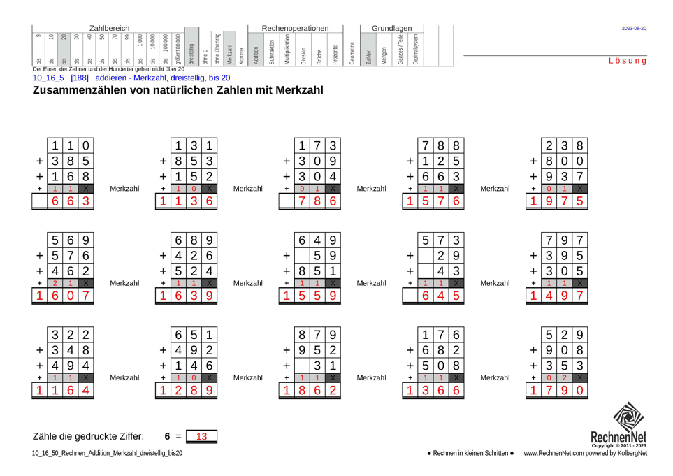 Lösung: 10_16_5 Rechnen Addition Merkzahl dreistellig bis20