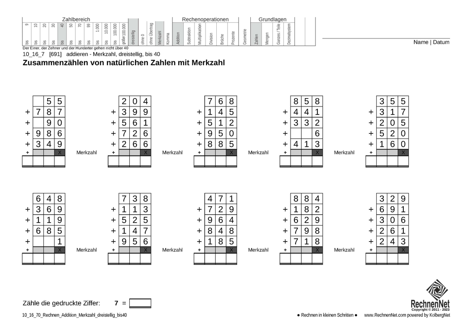 10_16_7 Rechnen Addition Merkzahl dreistellig bis40
