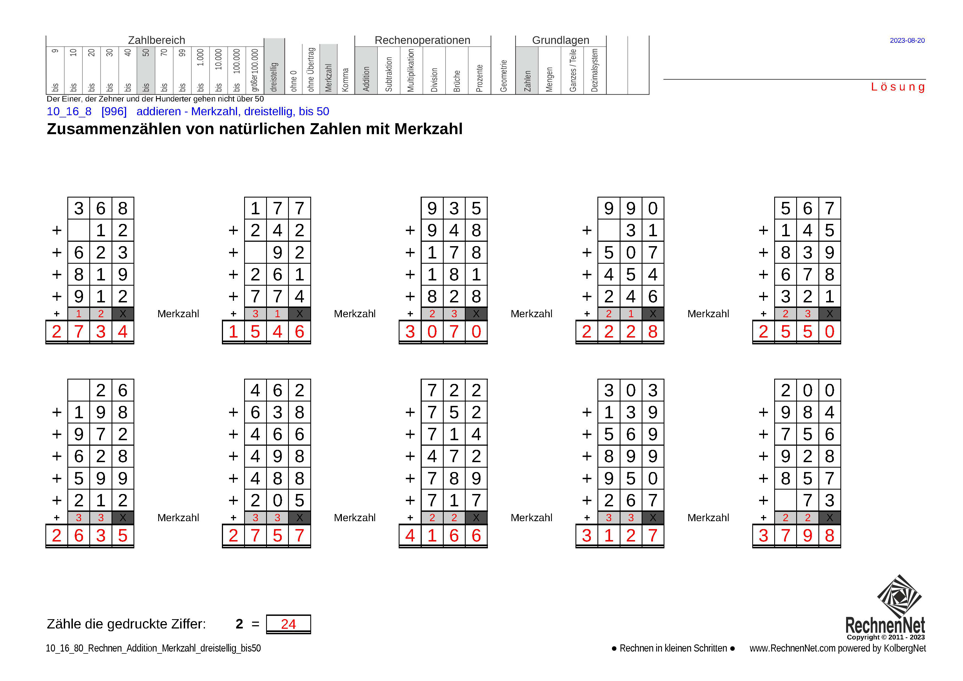 Lösung: 10_16_8 Rechnen Addition Merkzahl dreistellig bis50