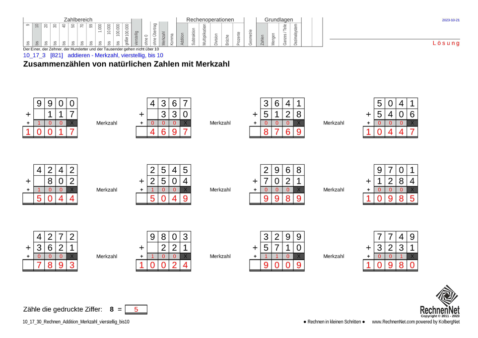 Lösung: 10_17_3 Rechnen Addition Merkzahl vierstellig bis10