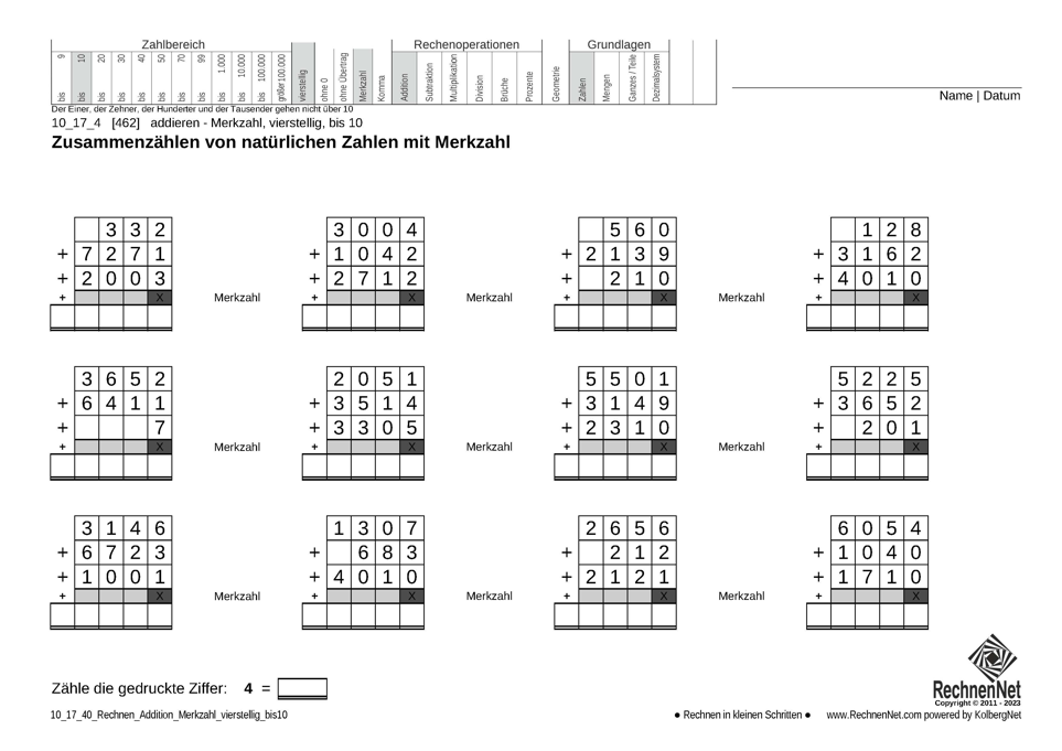 10_17_4 Rechnen Addition Merkzahl vierstellig bis10