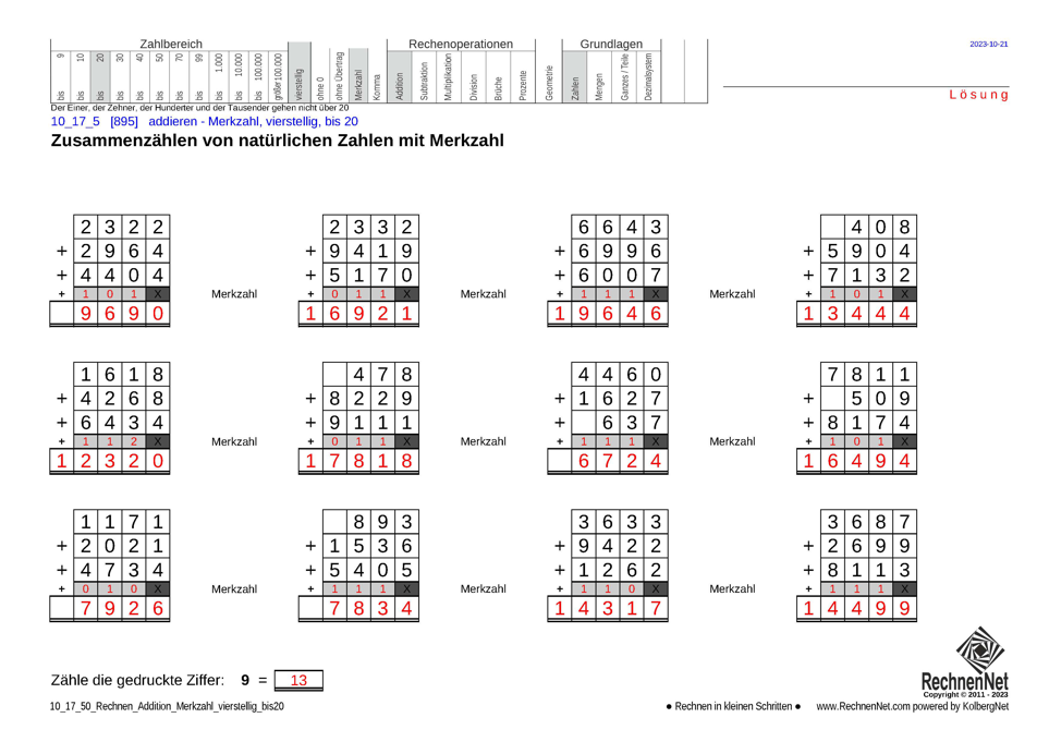 Lösung: 10_17_5 Rechnen Addition Merkzahl vierstellig bis20