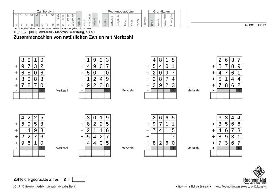 10_17_7 Rechnen Addition Merkzahl vierstellig bis40
