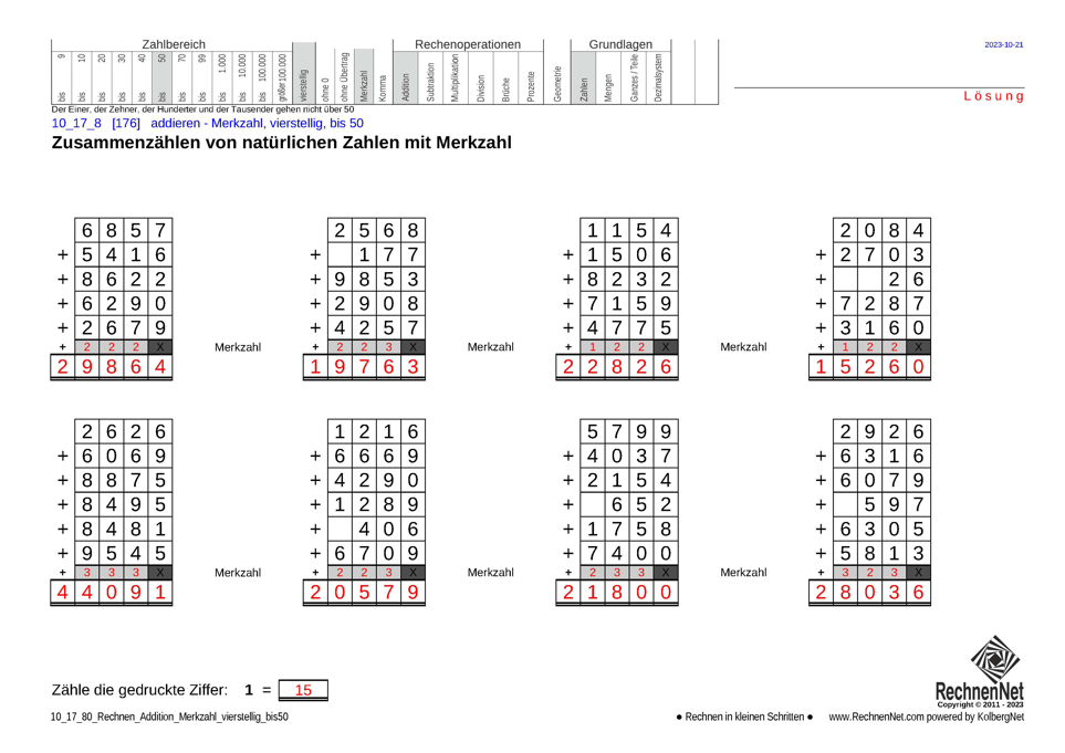 Lösung: 10_17_8 Rechnen Addition Merkzahl vierstellig bis50