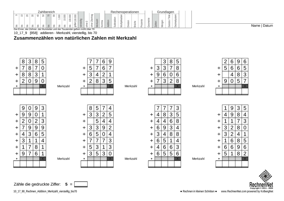 10_17_9 Rechnen Addition Merkzahl vierstellig bis70