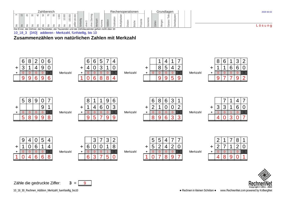 Lösung: 10_18_3 Rechnen Addition Merkzahl fünfstellig bis10