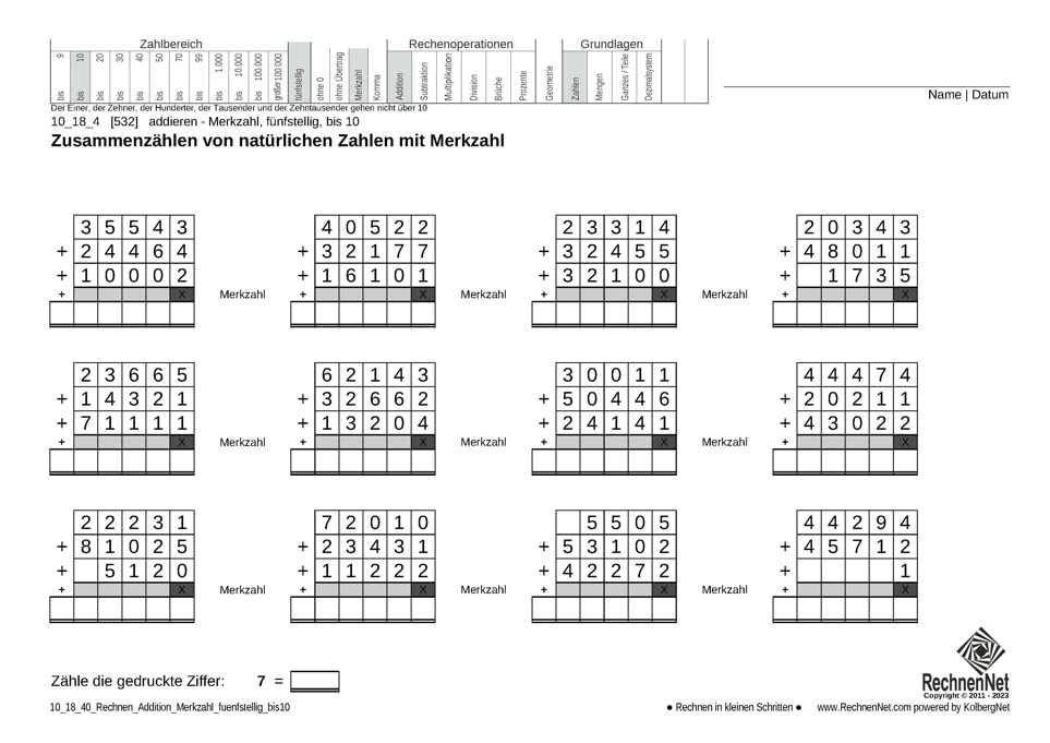 10_18_4 Rechnen Addition Merkzahl fünfstellig bis10
