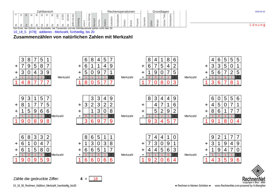 Lösung: 10_18_5 Rechnen Addition Merkzahl fünfstellig bis20