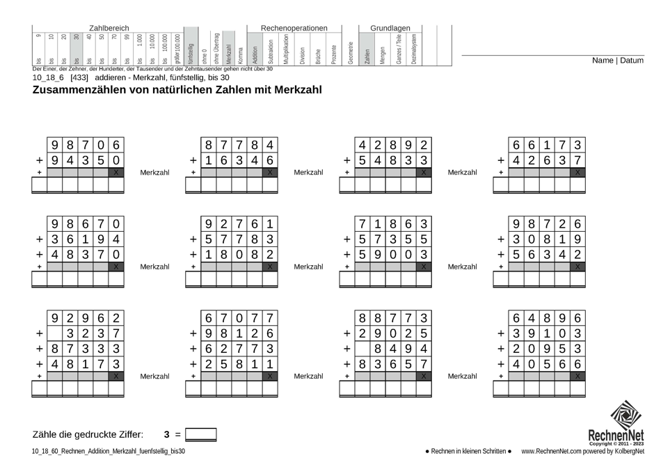 10_18_6 Rechnen Addition Merkzahl fünfstellig bis30