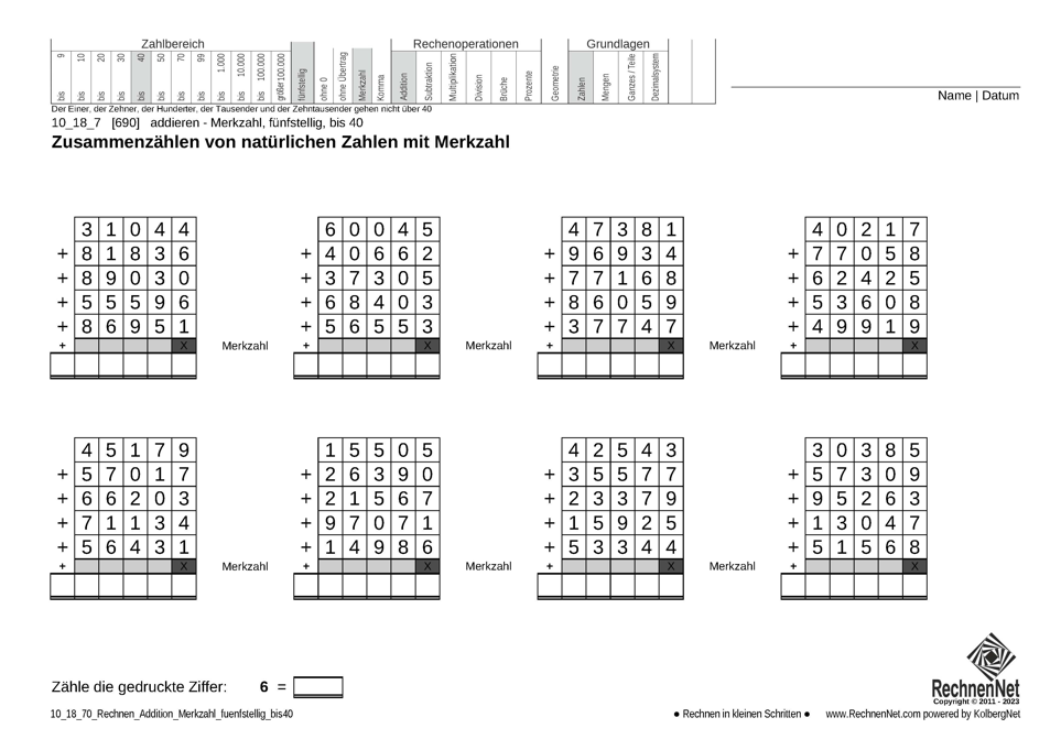 10_18_7 Rechnen Addition Merkzahl fünfstellig bis40