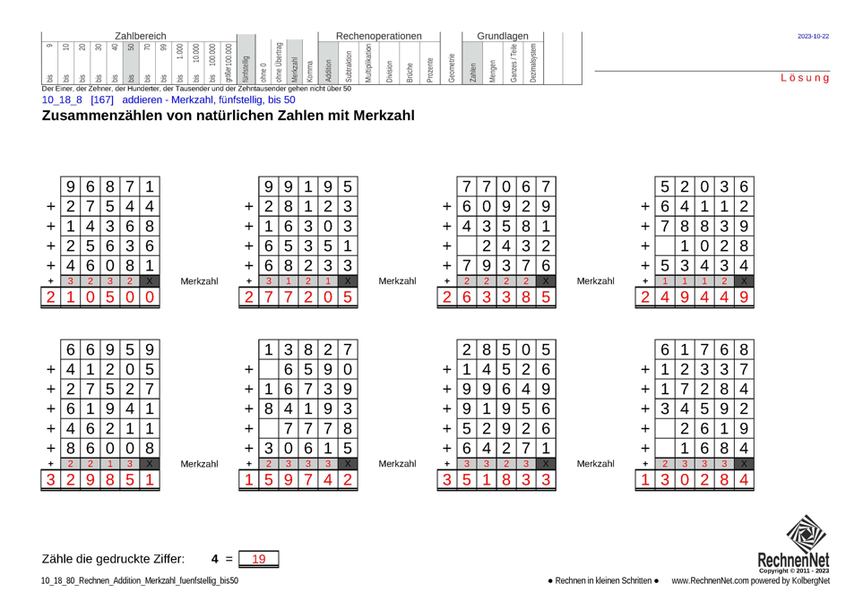 Lösung: 10_18_8 Rechnen Addition Merkzahl fünfstellig bis50