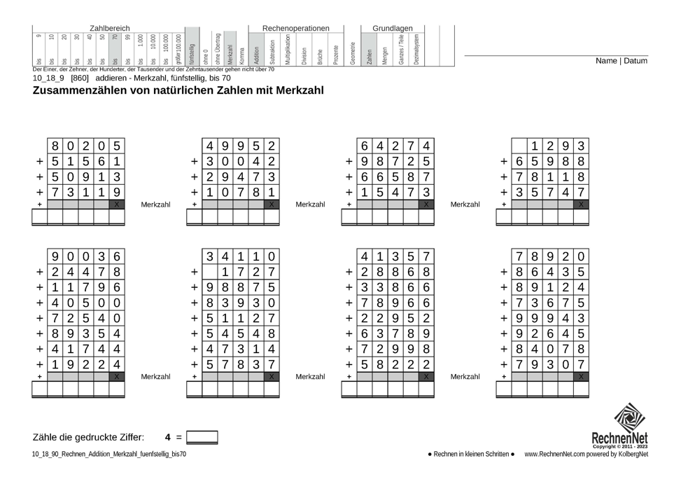10_18_9 Rechnen Addition Merkzahl fünfstellig bis70