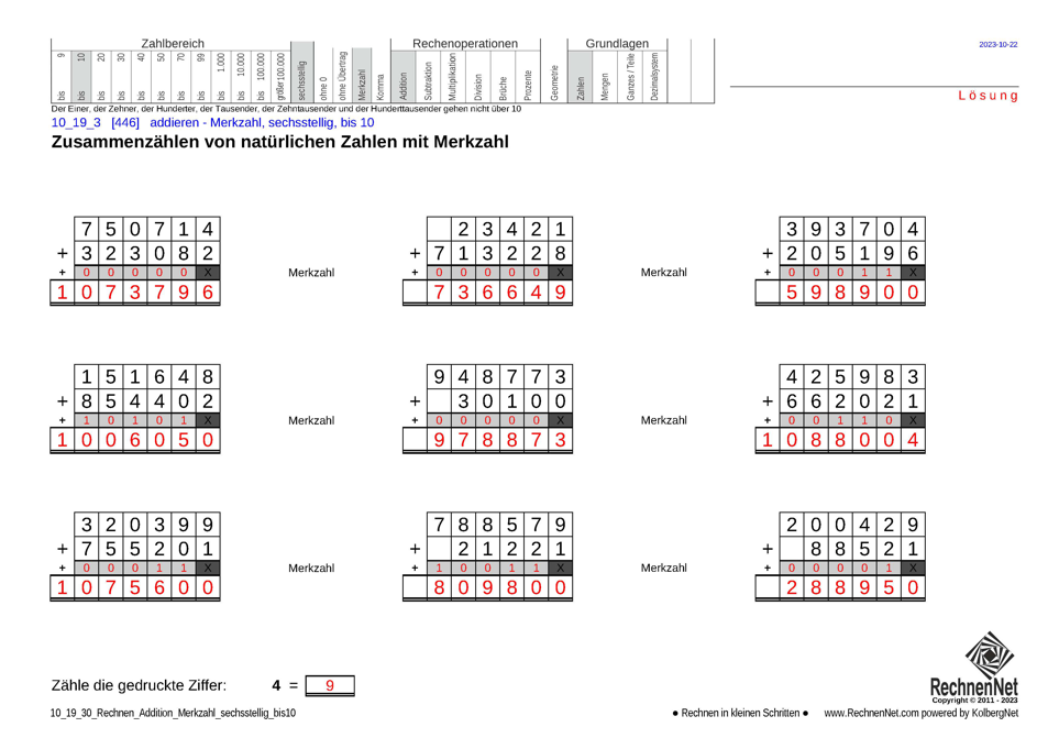 Lösung: 10_19_3 Rechnen Addition Merkzahl sechsstellig bis10