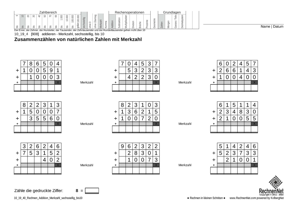 10_19_4 Rechnen Addition Merkzahl sechsstellig bis10