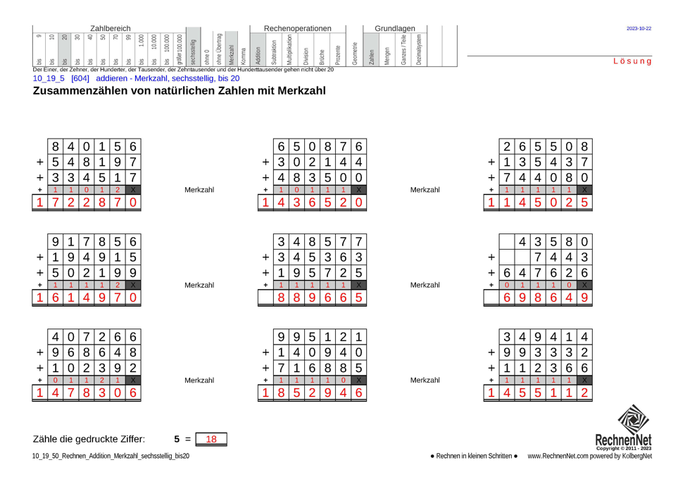 Lösung: 10_19_5 Rechnen Addition Merkzahl sechsstellig bis20