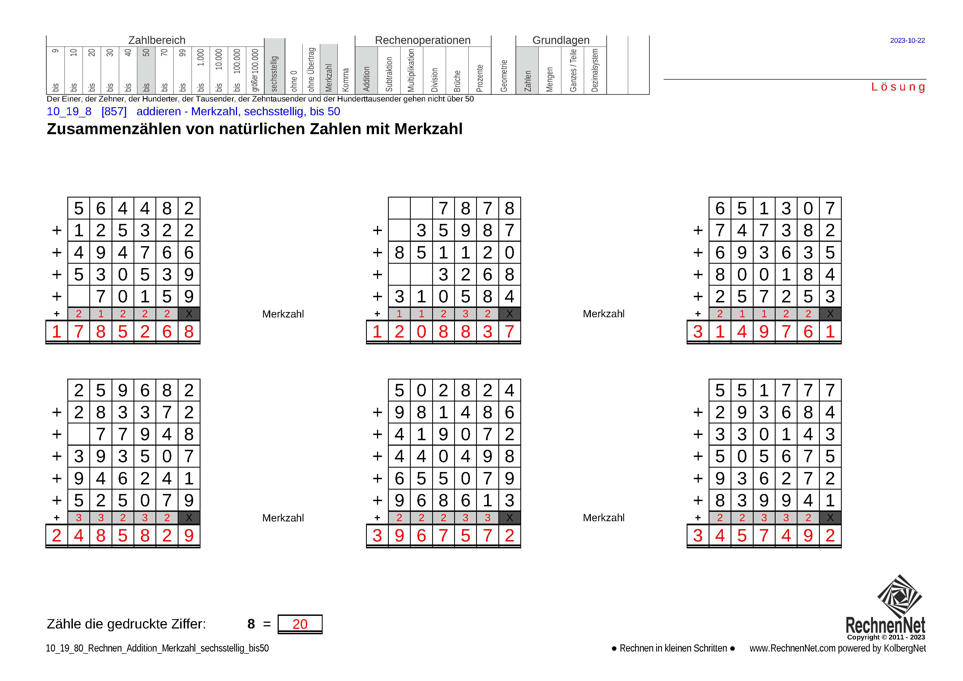Lösung: 10_19_8 Rechnen Addition Merkzahl sechsstellig bis50