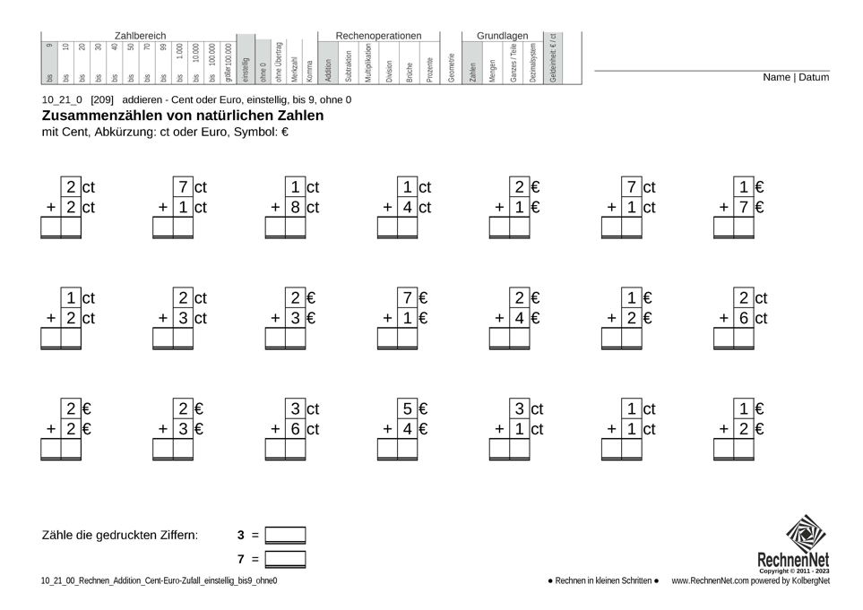 10_21_0 Rechnen Addition Cent-Euro einstellig bis9 ohne0