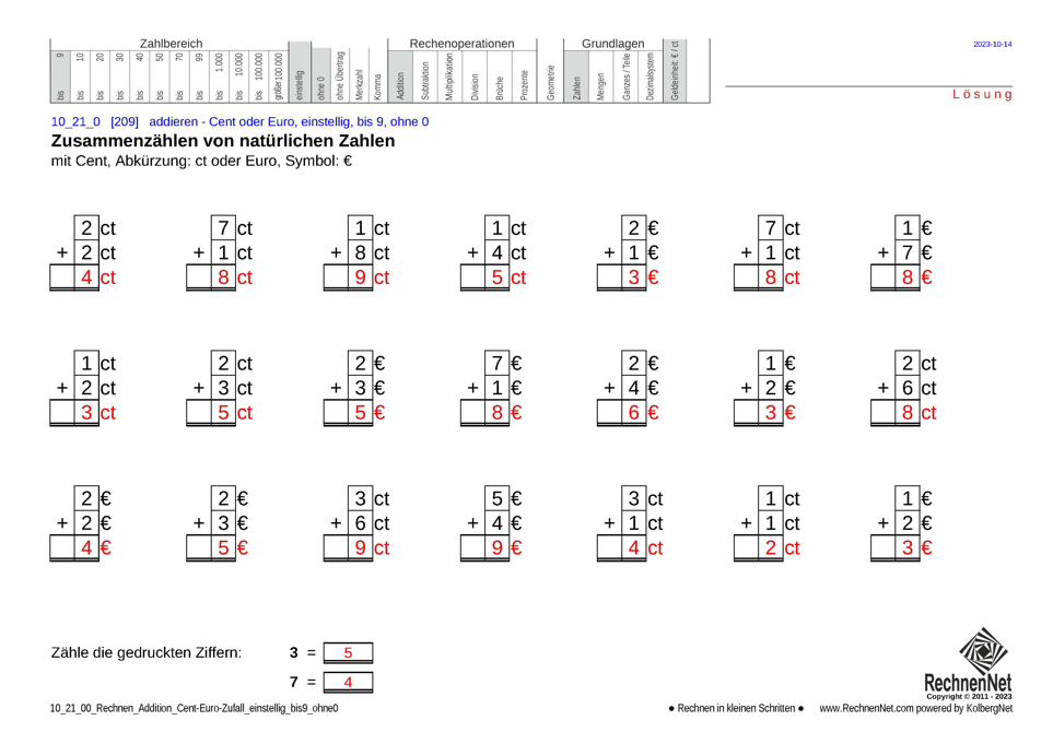 Lösung: 10_21_0 Rechnen Addition Cent-Euro einstellig bis9 ohne0