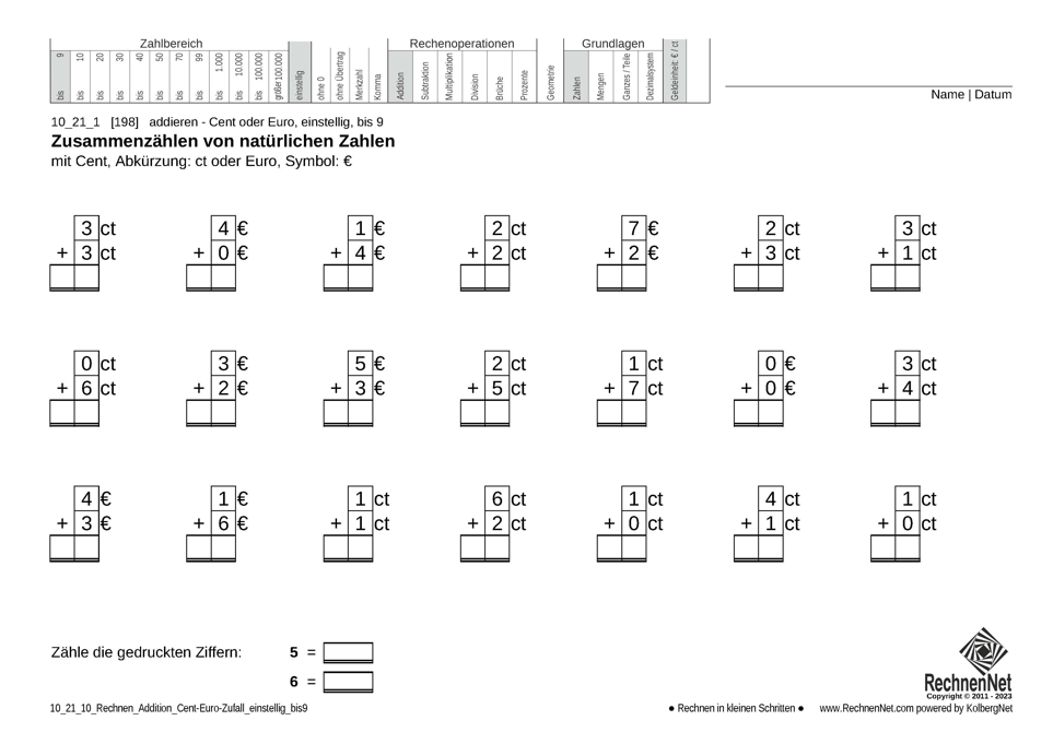 10_21_1 Rechnen Addition Cent-Euro einstellig bis9