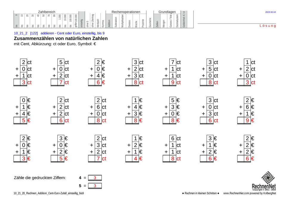 Lösung: 10_21_2 Rechnen Addition Cent-Euro einstellig bis9