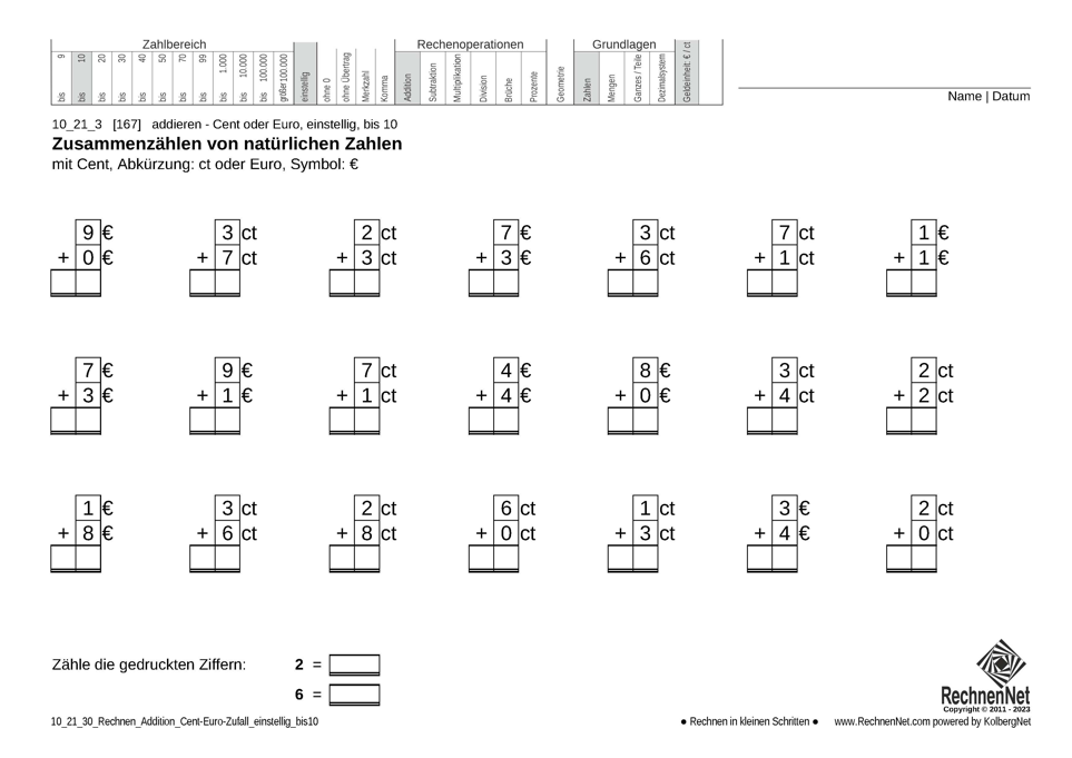 10_21_3 Rechnen Addition Cent-Euro einstellig bis10
