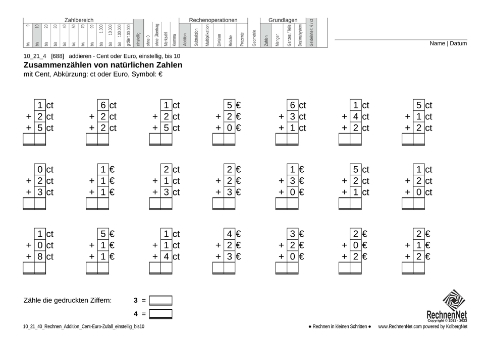 10_21_4 Rechnen Addition Cent-Euro einstellig bis10