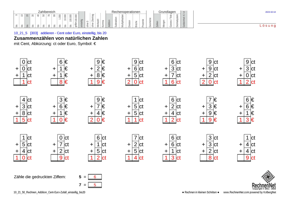Lösung: 10_21_5 Rechnen Addition Cent-Euro einstellig bis20