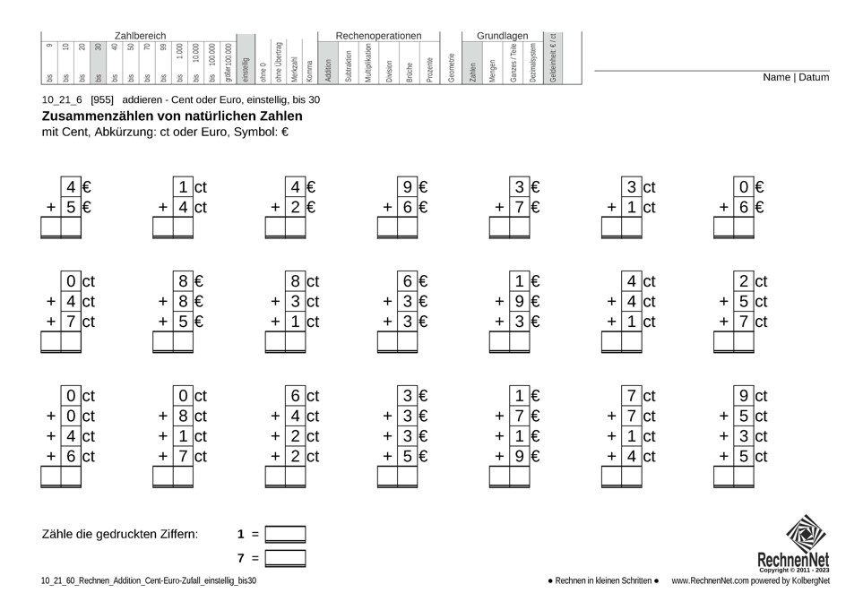 10_21_6 Rechnen Addition Cent-Euro einstellig bis30