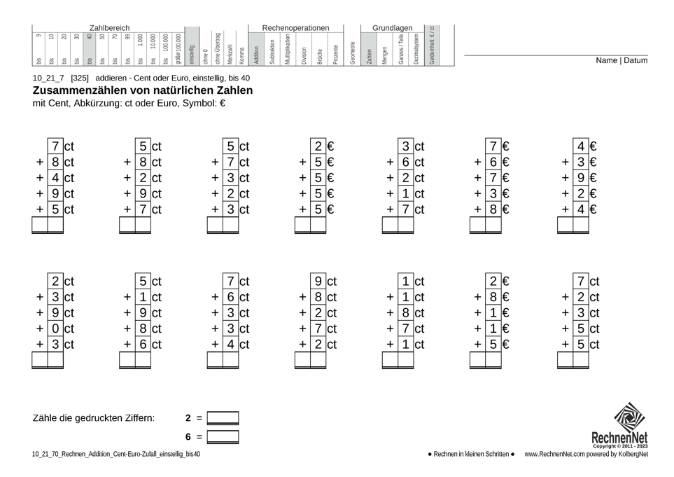 10_21_7 Rechnen Addition Cent-Euro einstellig bis40