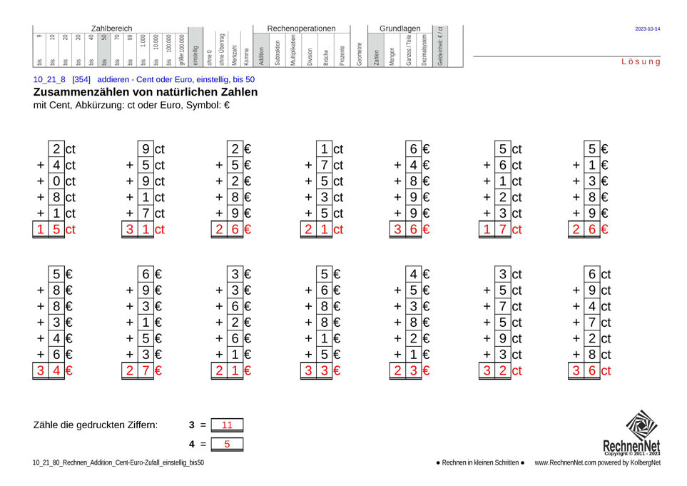 Lösung: 10_21_8 Rechnen Addition Cent-Euro einstellig bis50