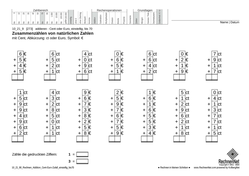10_21_9 Rechnen Addition Cent-Euro einstellig bis70