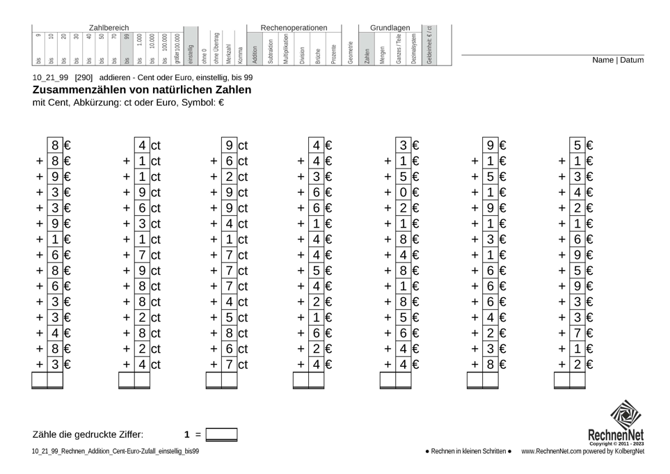 10_21_9 Rechnen Addition Cent-Euro einstellig bis99