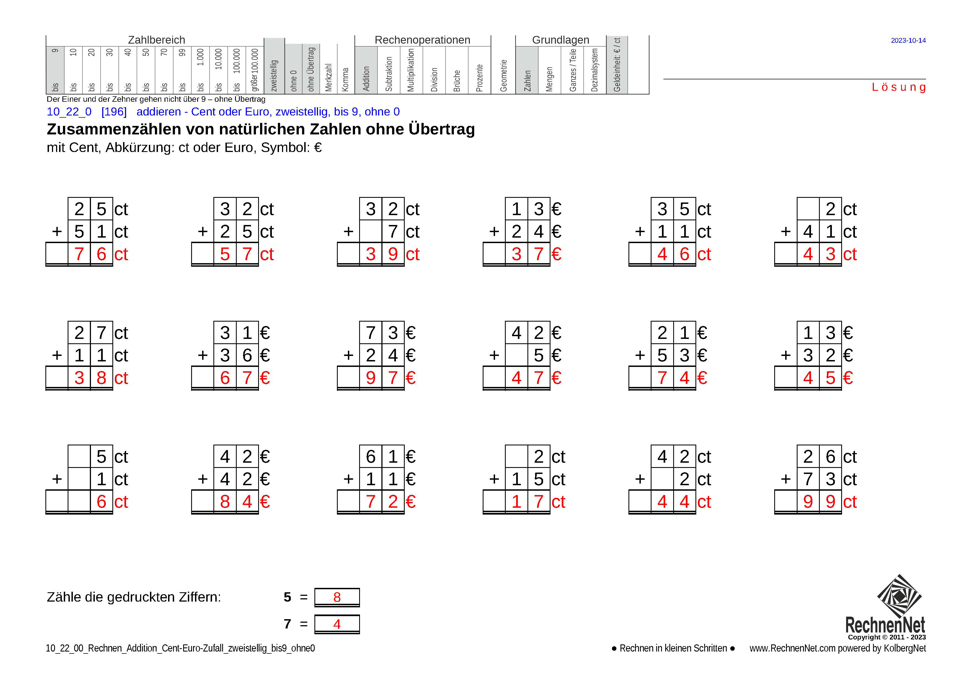 Lösung: 10_22_0 Rechnen Addition Cent-Euro zweistellig bis9 ohne0