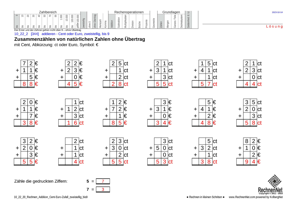Lösung: 10_22_2 Rechnen Addition Cent-Euro zweistellig bis9