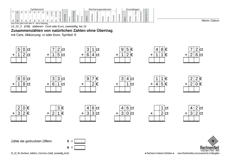 10_22_3 Rechnen Addition Cent-Euro zweistellig bis10