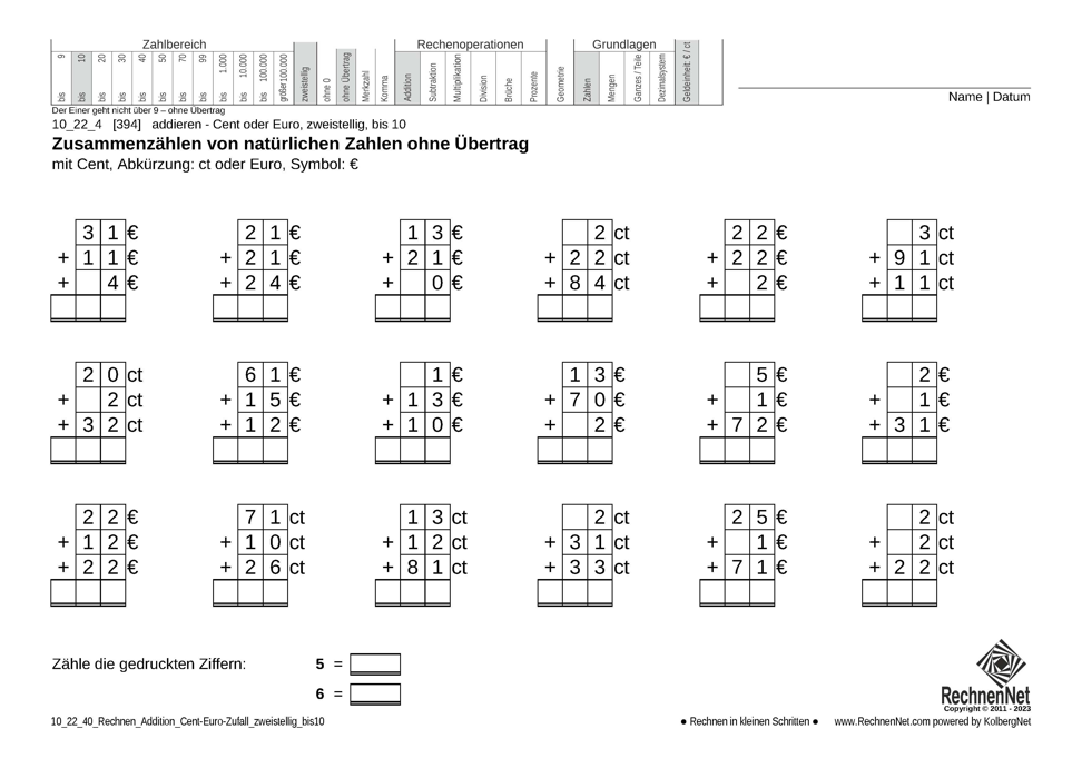 10_22_4 Rechnen Addition Cent-Euro zweistellig bis10