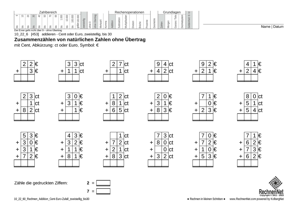10_22_6 Rechnen Addition Cent-Euro zweistellig bis30
